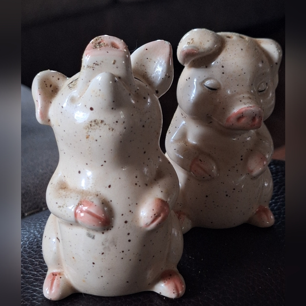 Source Unknown Cream and Pink Ceramic Pig Salt & Pepper Shakers